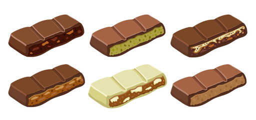 Set of vector chocolate isolated on white background. Different flavors Dubai chocolate bars vector illustration. Close up viral piece flat style