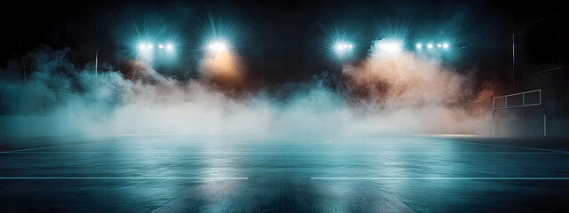 Empty futsal court with artificial lights and smoke at night
