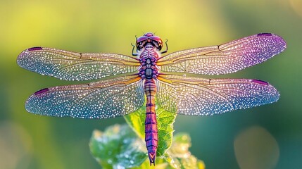 Vibrant dragonfly with iridescent wings perched on a leaf.