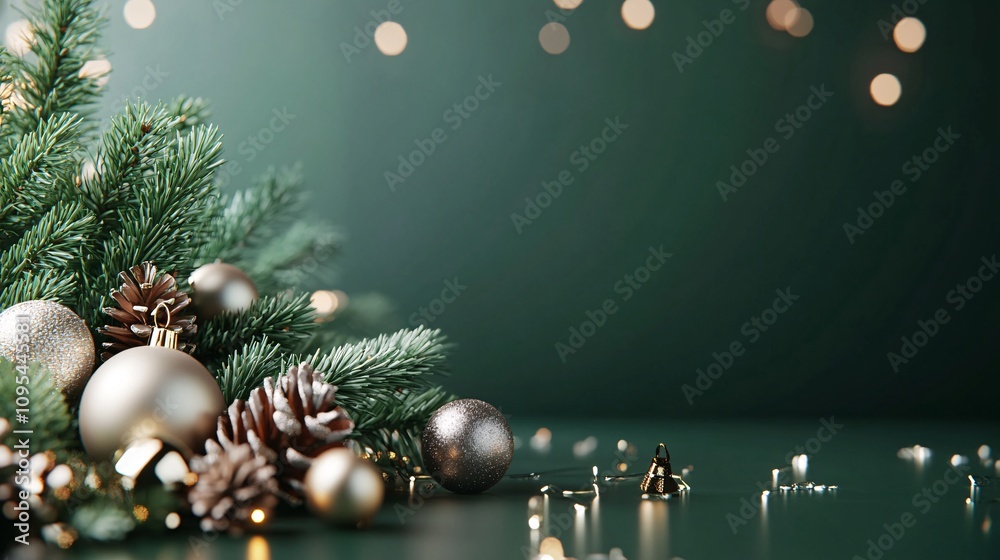 Poster christmas ornaments and fir tree branches decorating a green background with bokeh effect