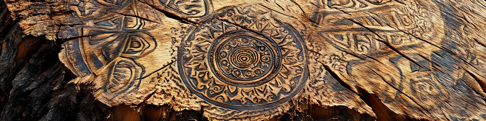 Obraz premium A tree stump carved with designs, using the technique of pyrography.