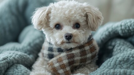Adorable toy poodle puppy wearing a scarf, sitting on a soft blanket.