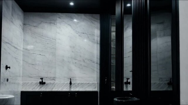 Luxurious minimalist black bathroom with white marbled walls and sleek black fittings.