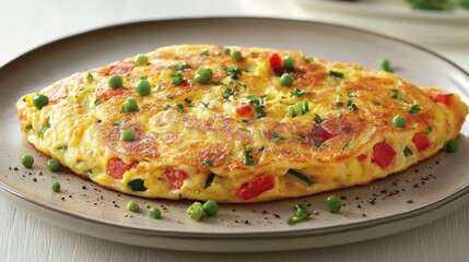 Vegetarian omelet with colorful vegetables on a beige plate