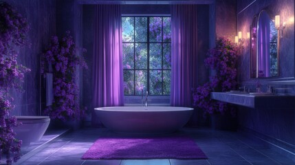 Luxurious purple bathroom with freestanding tub, elegant interior design, floral decor, glowing...