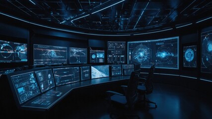 Futuristic Control Room with Monitors and Tech Interface