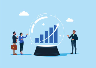 Crystal magic ball and business team    touching crystal ball with rising profit graph. Make money to get rich or increase earning or income. Flat vector illustration