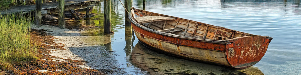 Obraz premium An antique wooden sailboat, its sails frayed and weathered, rests on the shore near a rustic dock, inviting you to reminisce about bygone days at sea.