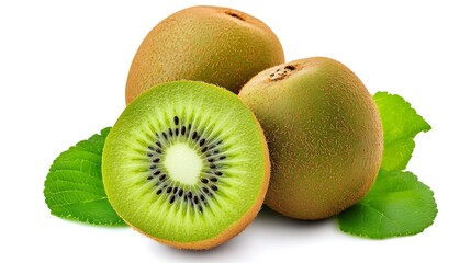 Fototapeta premium A fresh kiwi and its halved counterpart placed alongside green leaves, centered on a white background. The texture and color of the kiwi flesh stand out, enhanced by the natural greenery