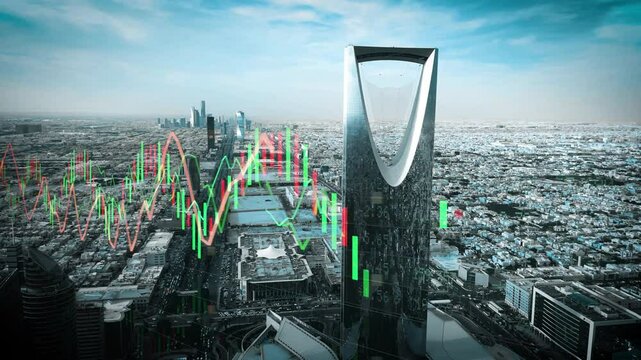 Trading and Stock Market Graph with Increasing Profit and Loss. Financial Trading Riyadh, Saudi Arabia . Riyadh city skyline drone shoot .Drone shot King Fahd Road in Riyadh capital city of Saudi Arab