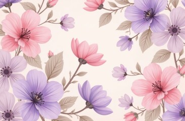 Fototapeta premium Faded floral pattern with delicate blooms in pastel lavender and pink