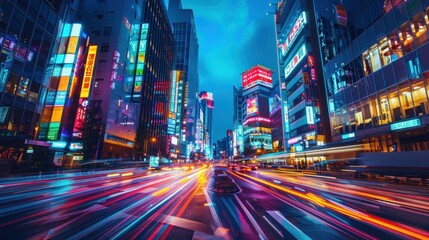 A vibrant cityscape at night with colorful lights and moving traffic.