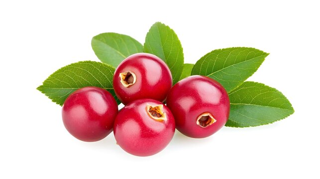 A bunch of redberries accompanied by green leaves, isolated on a white background. The vibrant berries and the contrasting leaves create a visually appealing image