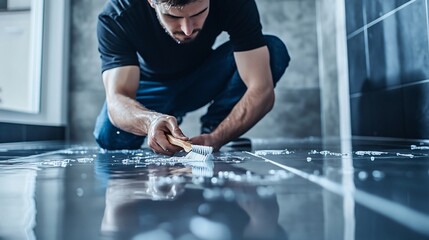 Man cleaning grout with brush on shiny floor.