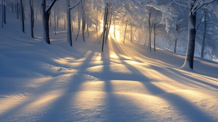 A serene winter landscape with sunlight filtering through snowy trees, creating long shadows.