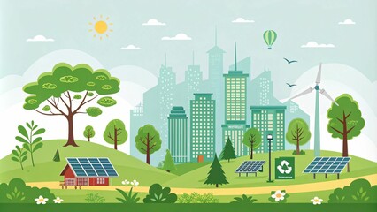 Eco-friendly houses cityscape with, windmills, solar panels, on green fields Generative AI