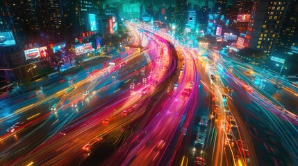 A vibrant cityscape at night, showcasing light trails from moving vehicles on a busy road.