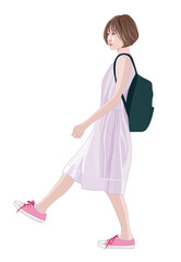 リュックとスニーカーで歩く若い女性イラスト