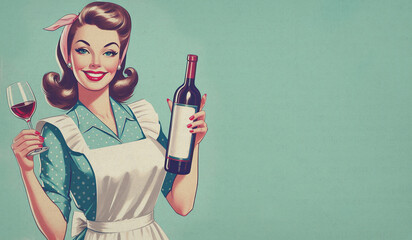 Paper textured vintage style illustration of cheerful young woman with apron and bottle of wine isolated on light blue background. Happy housewife of the 1950s concept. Copy space for text.
