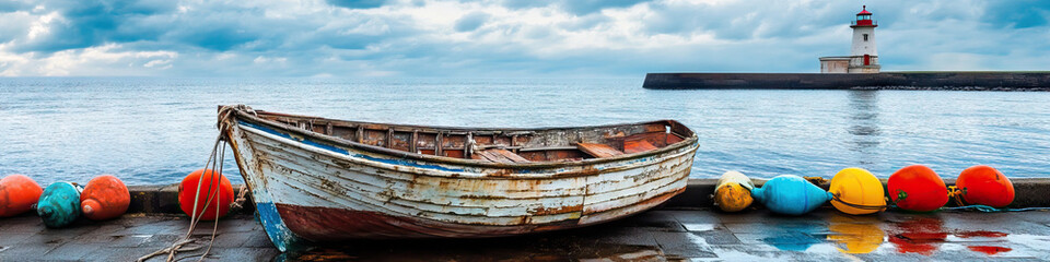 Obraz premium Nautical Adventure Awaits: An old wooden boat docked at a pier, waiting for its next journey, surrounded by colorful buoys and a picturesque lighthouse in the distance.