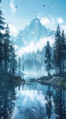 Serene mountain lake reflecting snowy peaks and misty forest.