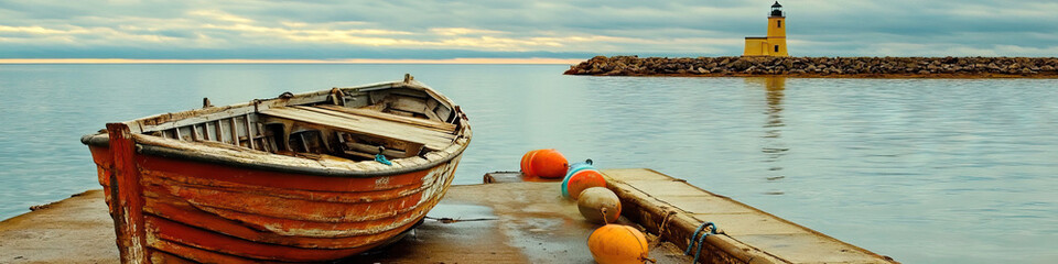 Obraz premium Nautical Adventure Awaits: An old wooden boat docked at a pier, waiting for its next journey, surrounded by colorful buoys and a picturesque lighthouse in the distance.