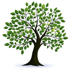 Obraz premium A tree with vibrant green leaves, positioned in the center of a white background. The depiction includes a clear view of the tree's trunk and leafy crown