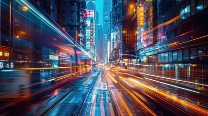 Fototapeta premium A vibrant cityscape at night with motion blur, showcasing urban life and neon lights.