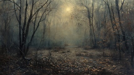 Fototapeta premium A misty forest scene with bare trees and scattered leaves, evoking a serene atmosphere.