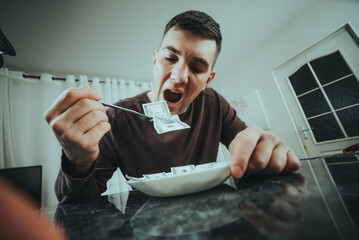 Man Attempting to Eat Dollar Bills