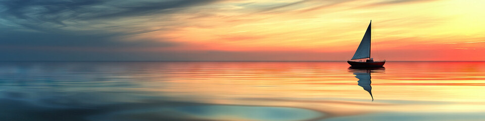 Obraz premium Serene Sail: A small boat gracefully gliding across calm water, with a vintage sailboat in the distance.