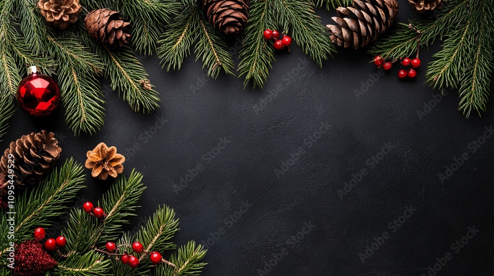Poster Christmas decoration creating a border on a dark background with copy space