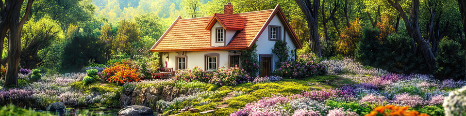 Fototapeta premium Quaint Country Cottage on a Hill: A cozy cottage with a red roof, surrounded by a garden of blooming flowers.