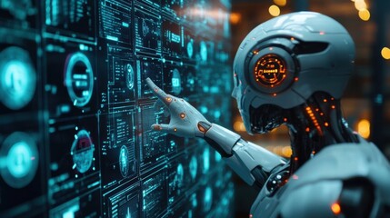 Robotic hand interacting with futuristic digital interface on touchscreen, technology innovation, artificial intelligence, advanced robotics, modern science, and cybernetic engineering