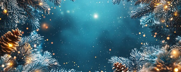 Fototapeta premium Christmas tree branches decorated with fairy lights and pine cones creating a festive frame