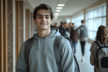 Smiling Student in a Busy School Hallway