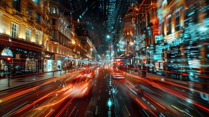 Fototapeta premium A vibrant city street at night, showcasing light trails and digital effects.