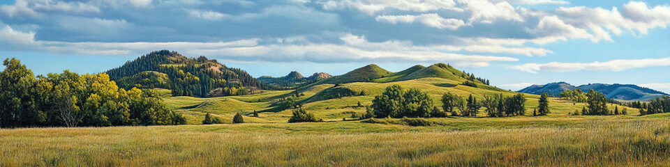 Fototapeta premium Majestic Mounds: Grand hills, towering above the landscape, dotted with majestic trees and wildlife.