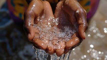 Fototapeta premium Close-up of cupped hands carefully holding and catching flowing water.
