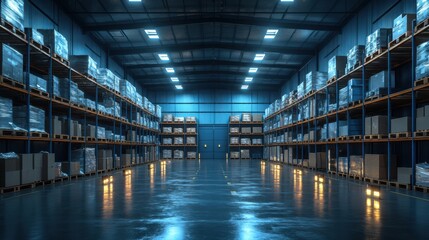 Large modern warehouse interior with bright LED lights, stacked shelves, industrial storage facility, symmetrical design, spacious organization, logistics, inventory, clean space, efficient