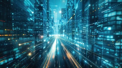 Fototapeta premium Futuristic cityscape with dynamic light trails, conveying speed and technology.