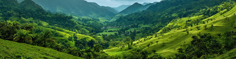Obraz premium Verdant Valley: A peaceful valley nestled between rolling hills, home to a quiet village and lush vegetation.