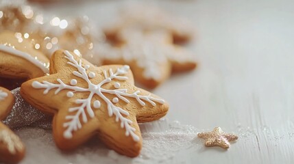 Christmas star shaped gingerbread cookies decorated with icing on white wooden table