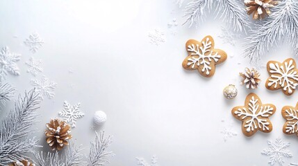 Christmas gingerbread cookies forming a festive border on a white background with frosted branches and pine cones