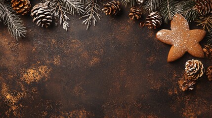 Christmas background with gingerbread star cookie, pine cones and branches decorating a dark rustic table