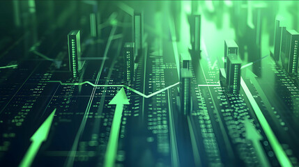 stock image of business graph with arrows pointing upward in the style of light green and navy thin steel forms sketchfab digital print cartelcore digital