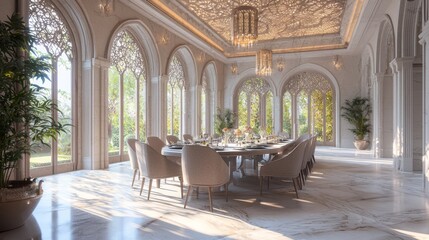 Obraz premium Luxurious Arabian Nights Dining Experience with Traditional Calligraphy Ceilings in 3D Render Digital Artwork