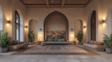 Obraz premium Luxurious Modern-Arabian Islamic Lounge with Desert Mural | 3D Render of Elegant Fusion Interior Design with Traditional and Contemporary Furniture