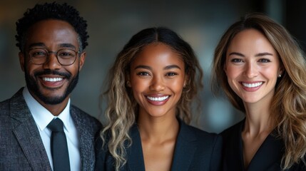 Group of confident business professionals in suits smiling in a modern office environment, diverse team portrait, workplace collaboration, leadership success, corporate teamwork, business