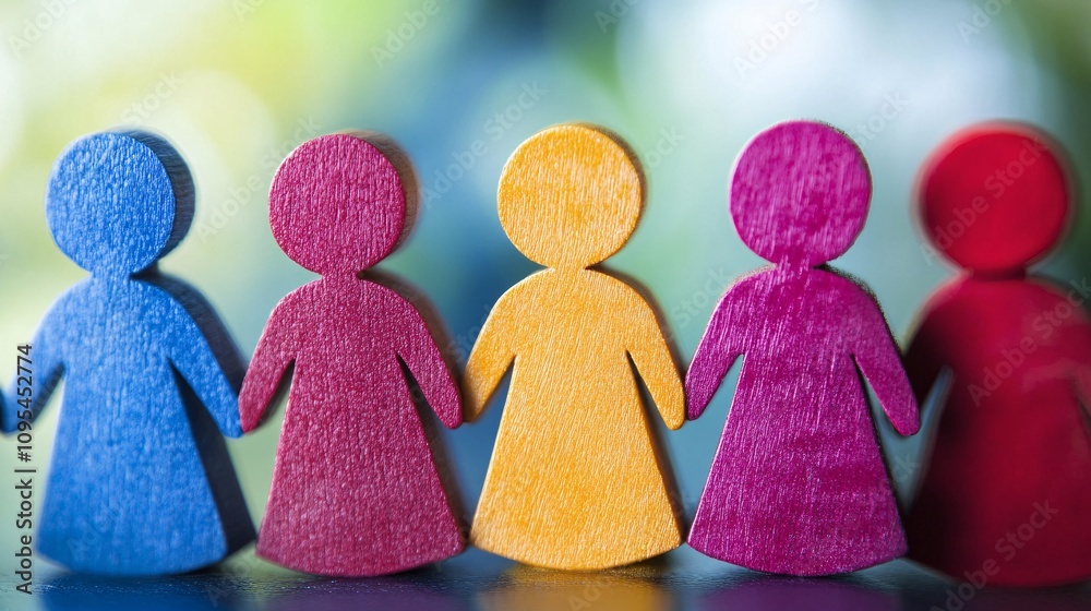Poster colorful wooden figures holding hands symbolizing unity and teamwork